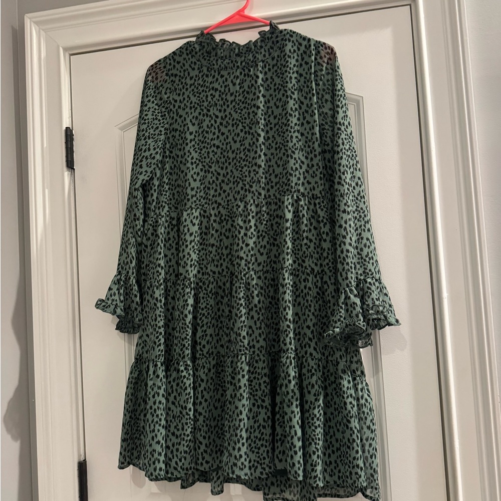 JODIFL Green and Black Leopard Print Ruffle Dress